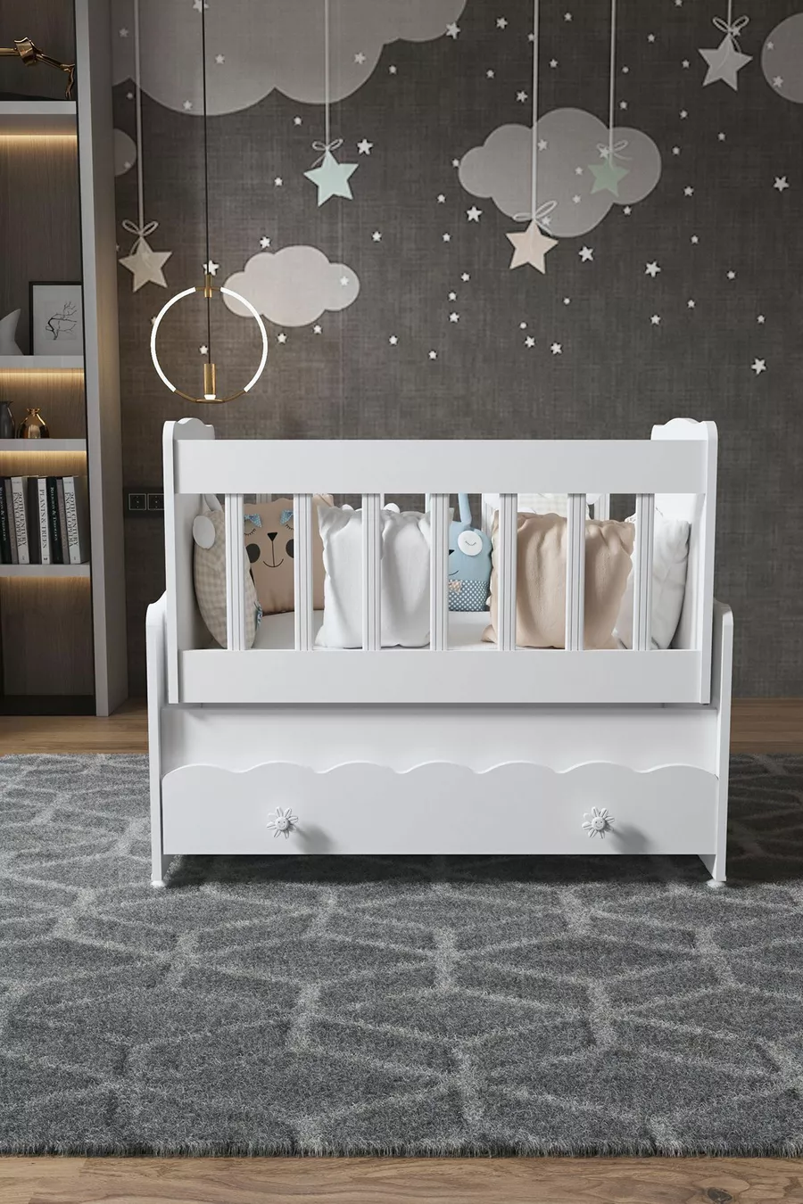 Berceau en bois blanc pour bébé avec tiroir et balancement, à placer à côté de la mère
