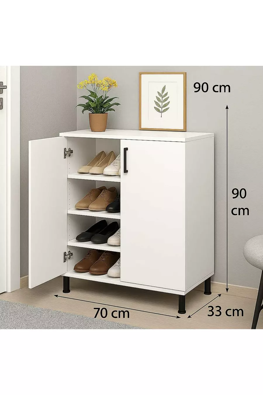 Meuble à chaussures  paires, 2 portes, 4 étagères, Meuble d'entrée, Cuisine, Chambre, Armoire polyvalente
