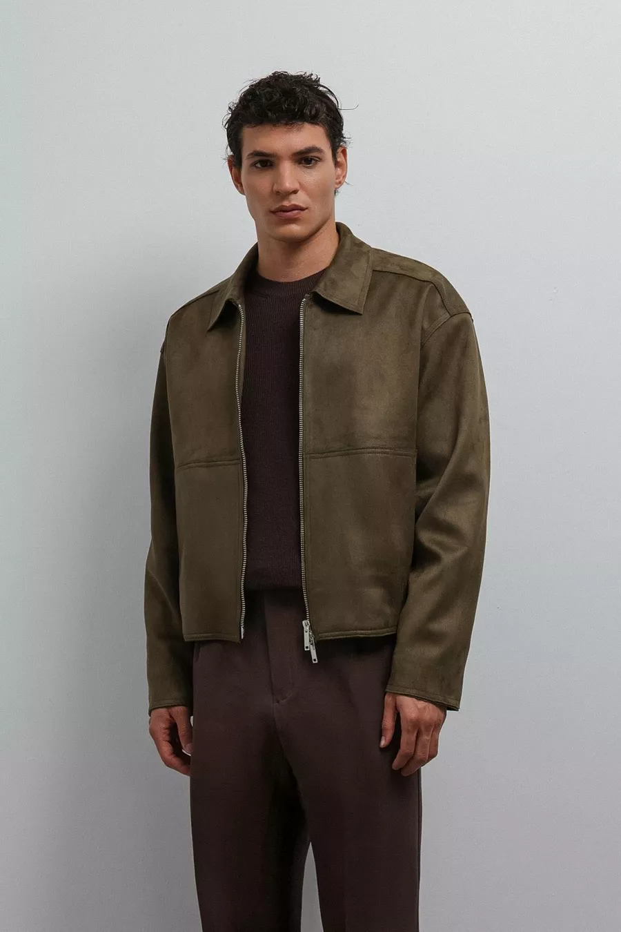 Veste pour homme en suédine synthétique kaki avec fermeture éclair