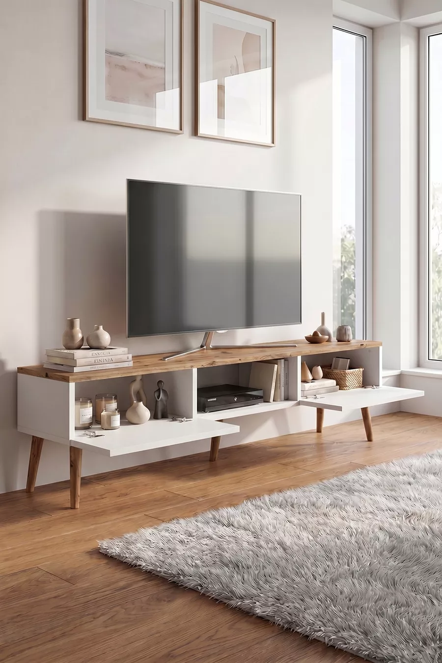 Meuble TV moderne  cm, console à 2 portes, télévision sur pieds en bois, meuble TV élégant pour salon et salle de séjour, console TV, unité TV, meuble TV console