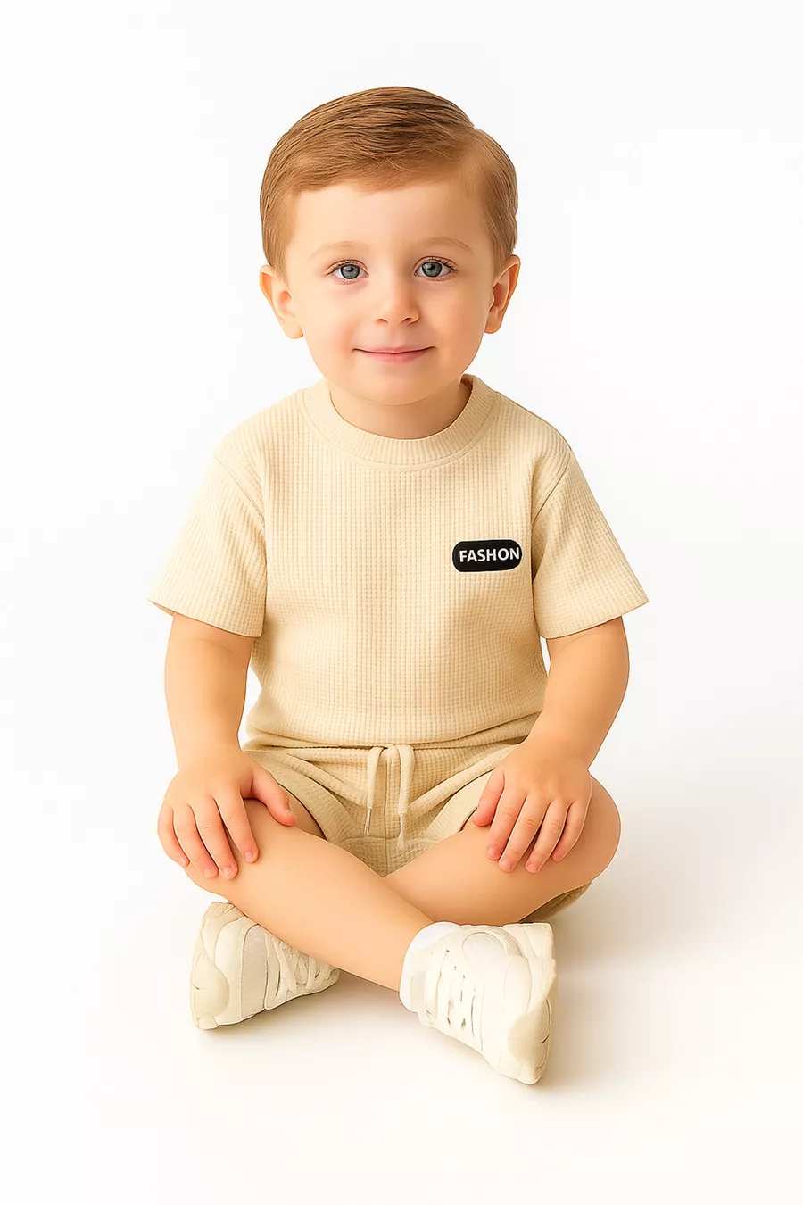 Ensemble d'été Waffle Fashion avec short 6 mois - 3 ans Beige clair