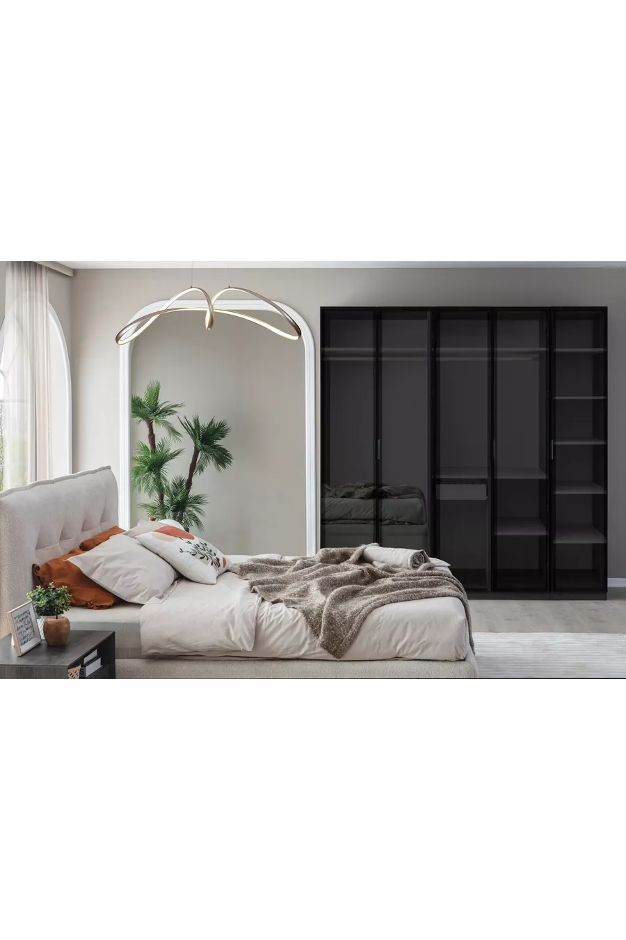 ENSEMBLE DE CHAMBRE PANDOR NOX AVEC PORTES EN VERRE, NOYER FONCÉ, 5 PORTES