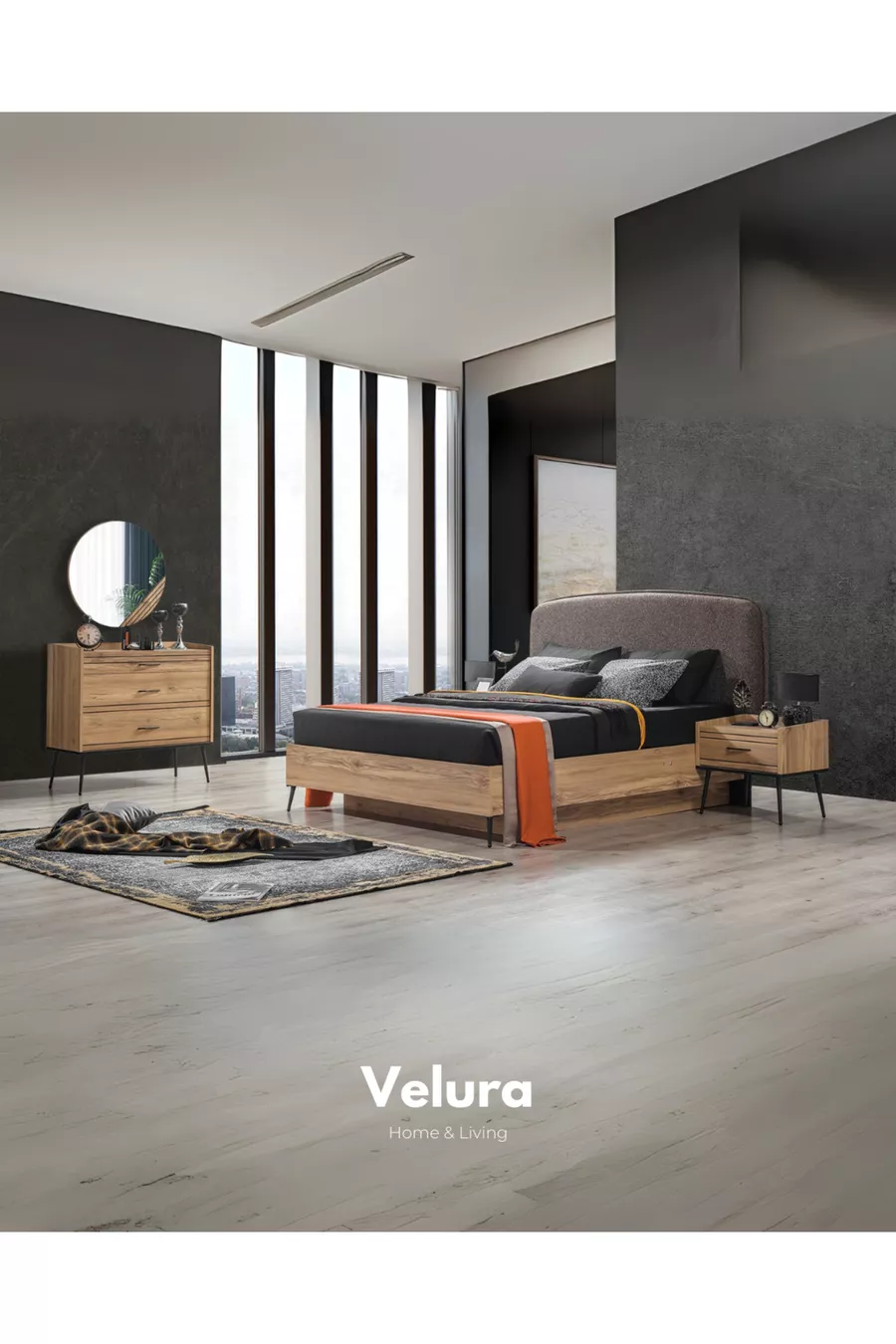 Ensemble de chambre à coucher İzgi (Armoire avec portes en bois + Commode + Table de chevet + Lit)
