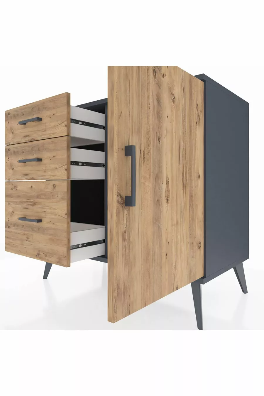 Commode Hyperion à une étagère, 3 tiroirs et une porte, Anthracite-Bois de pin