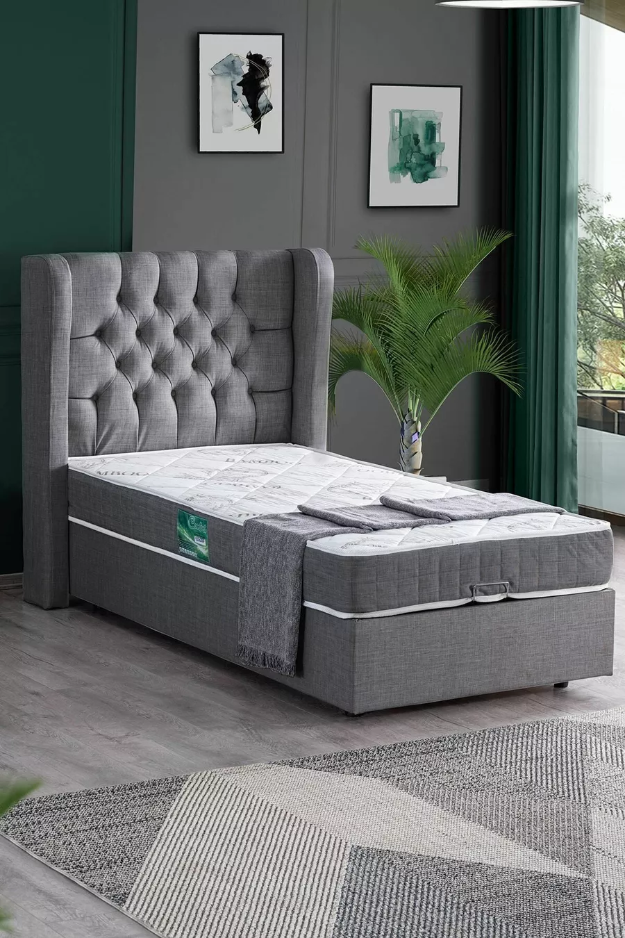 Ensemble de tête de lit simple et base double Riga, gris