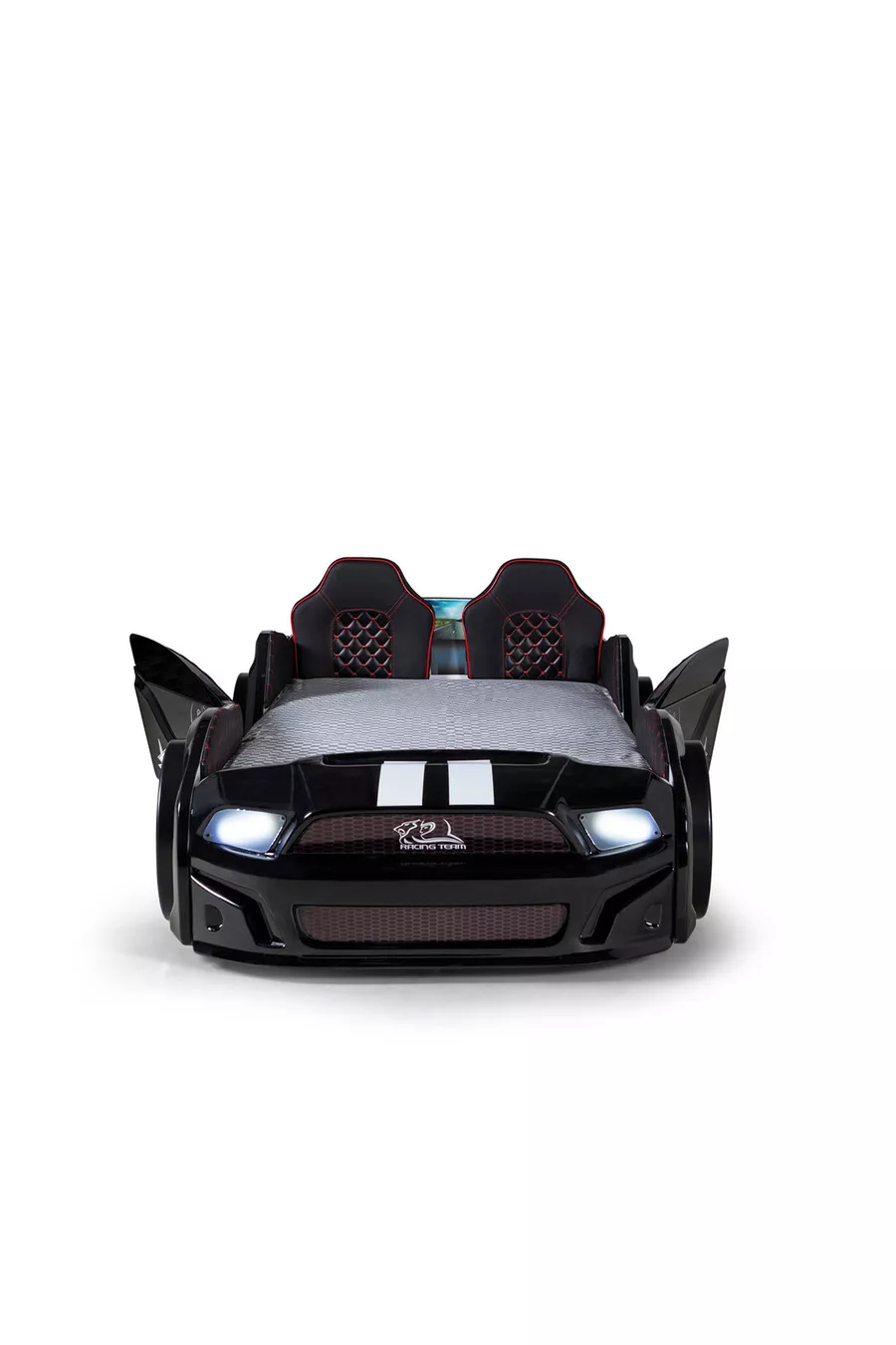Portes de lit à roulettes noires Mustang avec ouverture, entièrement équipées de LED, télécommandées et avec musique