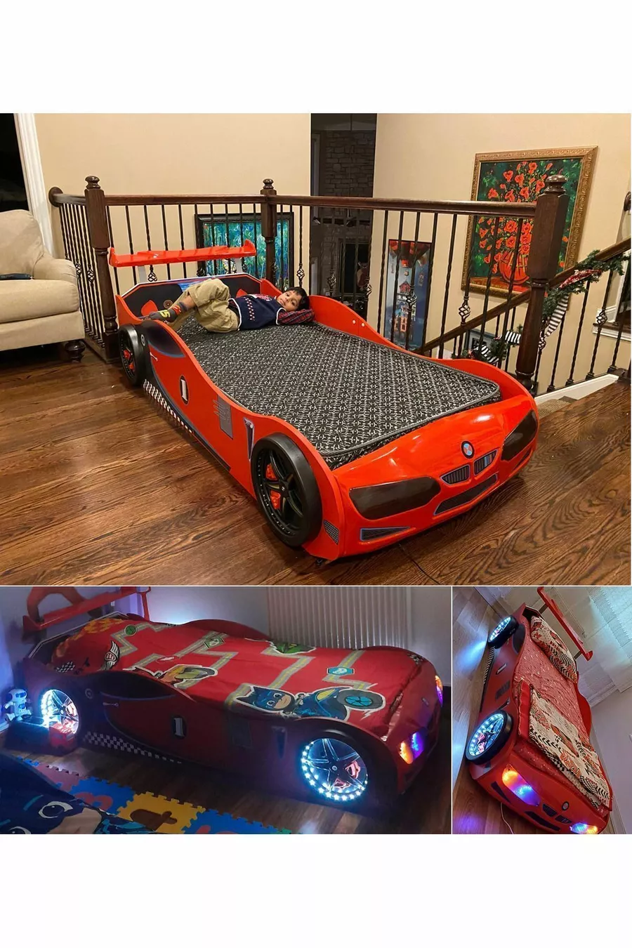  - Lit avec Voiture Rouge - Lit Cadre Voiture - Série - Avec Éclairage LED Complet