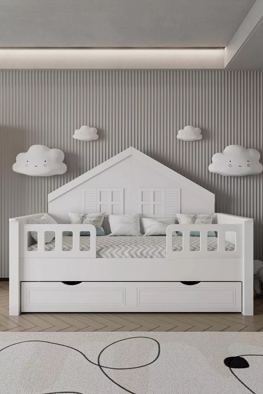 % Lit Montessori pour enfants en MDF avec tiroirs, blanc