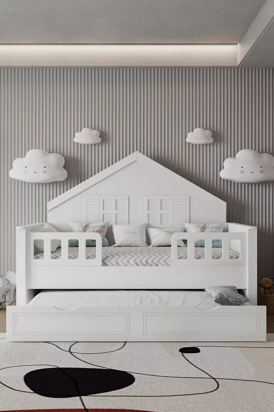 % Lit Montessori pour enfants en MDF avec tiroirs, blanc