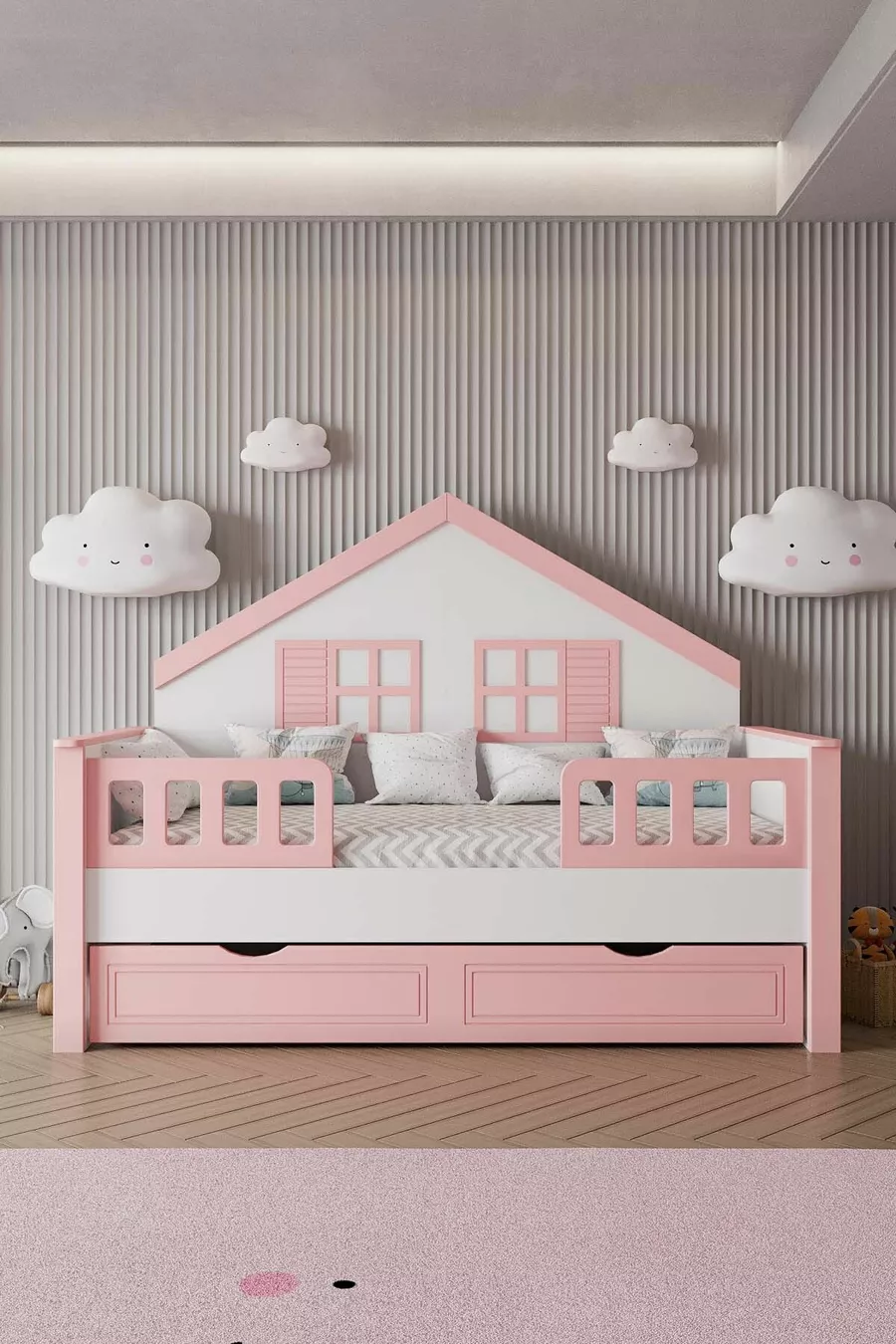 % Lit Montessori pour enfants en MDF avec tiroirs, rose