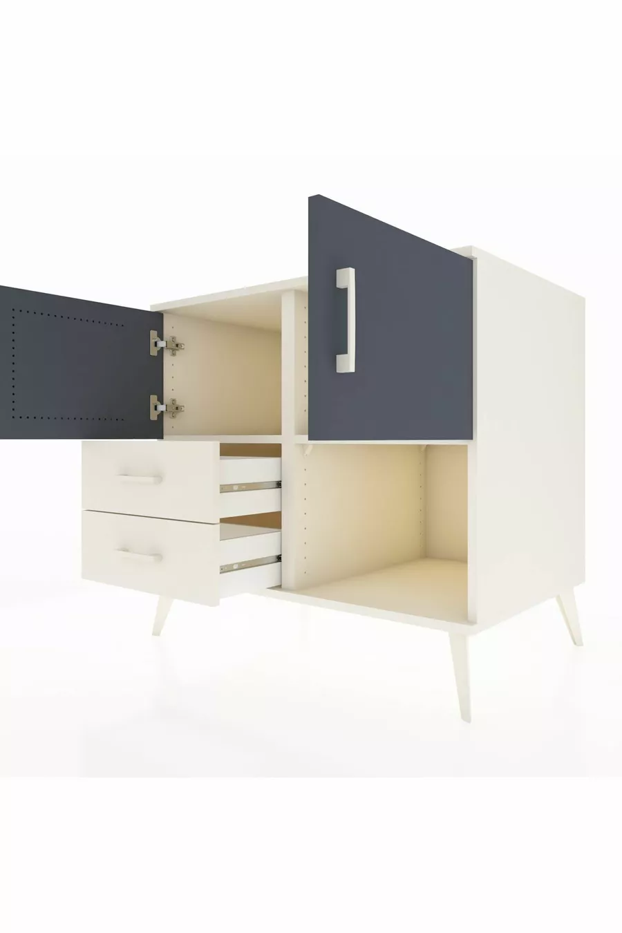 Commode Kronos avec 2 étagères, 2 tiroirs et 2 portes, Albâtre-Anthracite/Albâtre