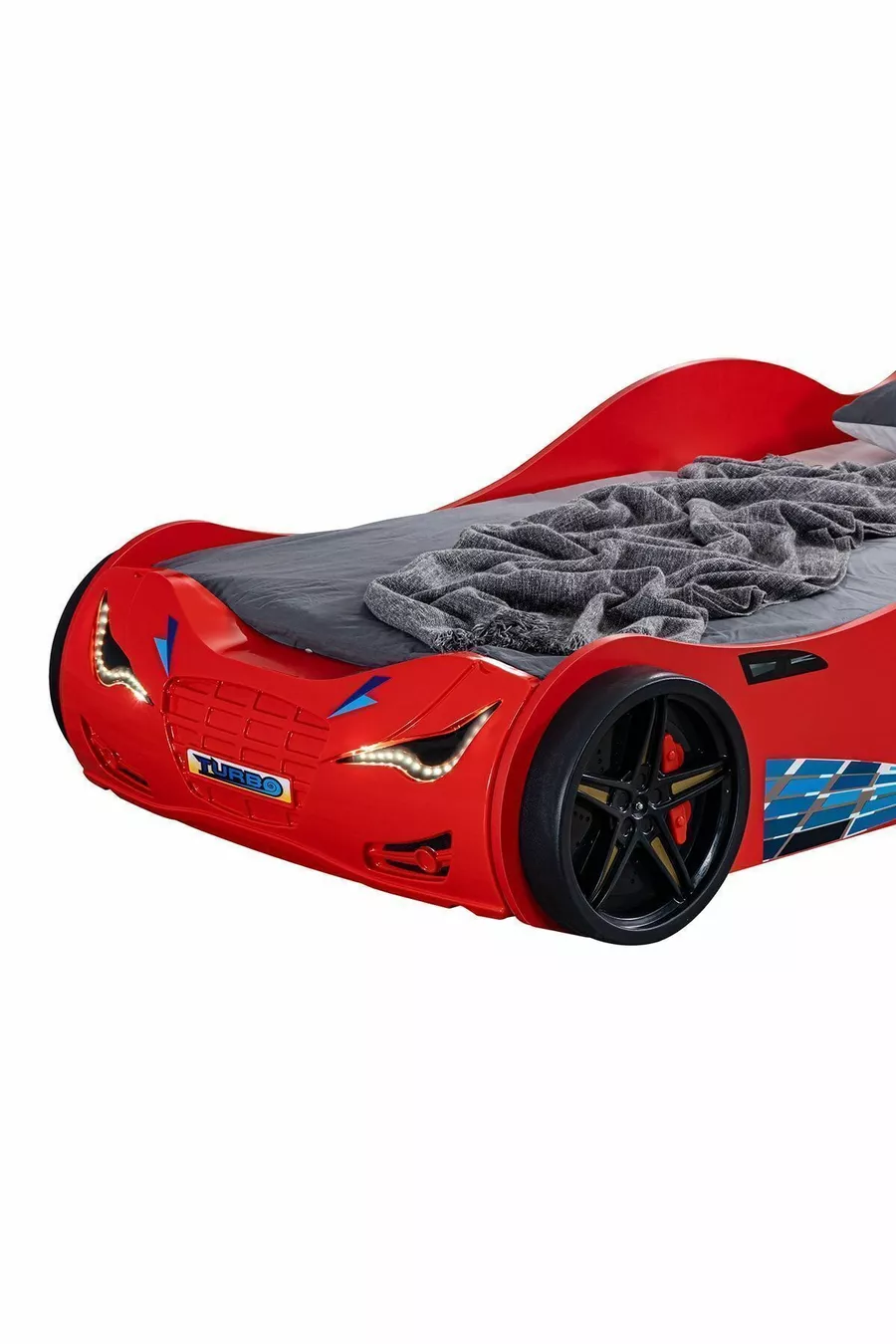 Lit avec voiture, lit voiture avec sommier superposé et barrières, avec LED - Rouge 1 matelas Comfort