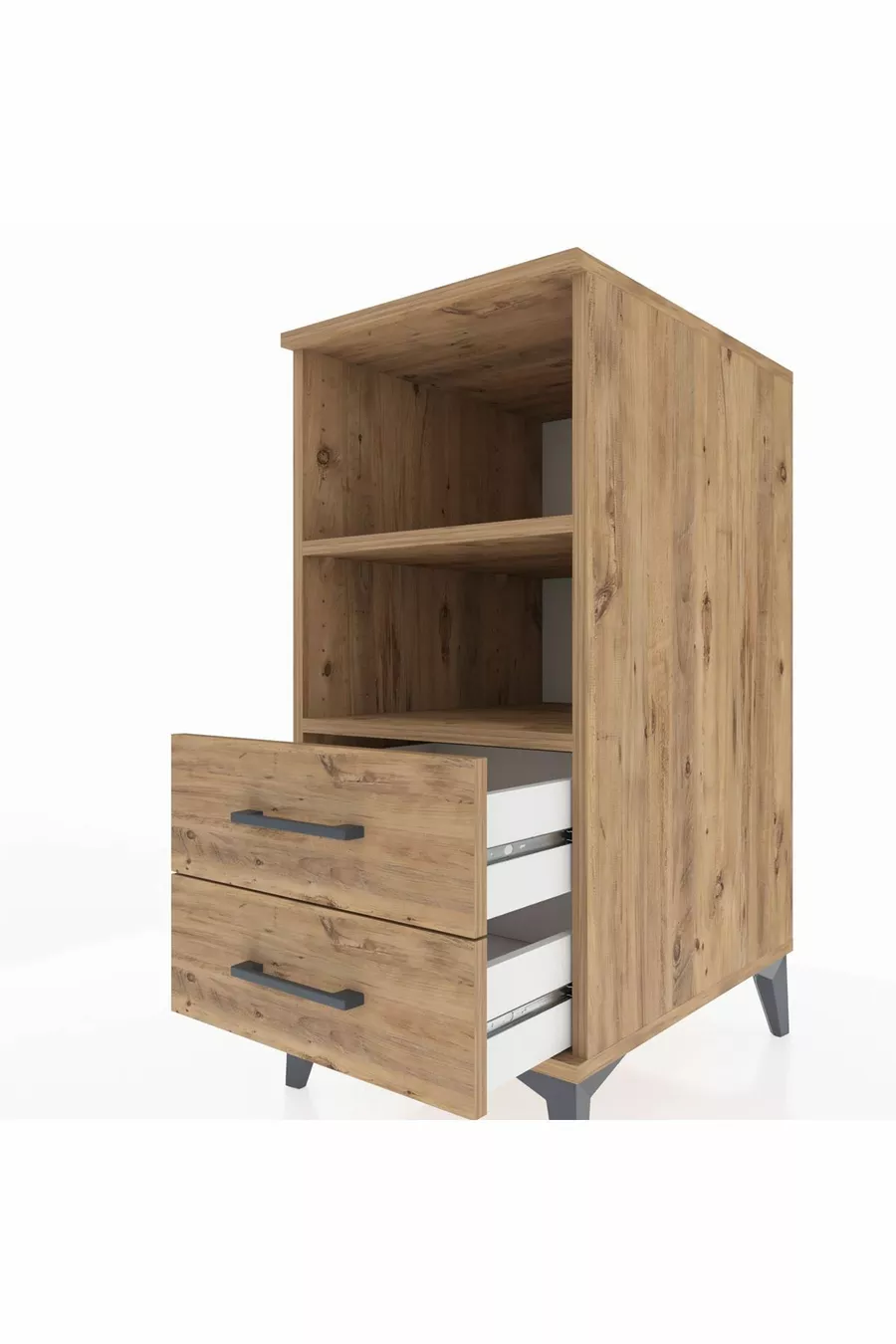 Table de chevet Kronos avec 2 étagères et 2 tiroirs, pin-pin