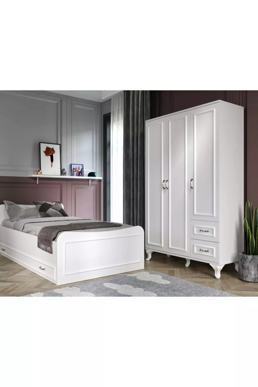 Ensemble de chambre Kartopu Country - Armoire à 3 portes, Lit superposé, Commode à 3 tiroirs entièrement en MDF