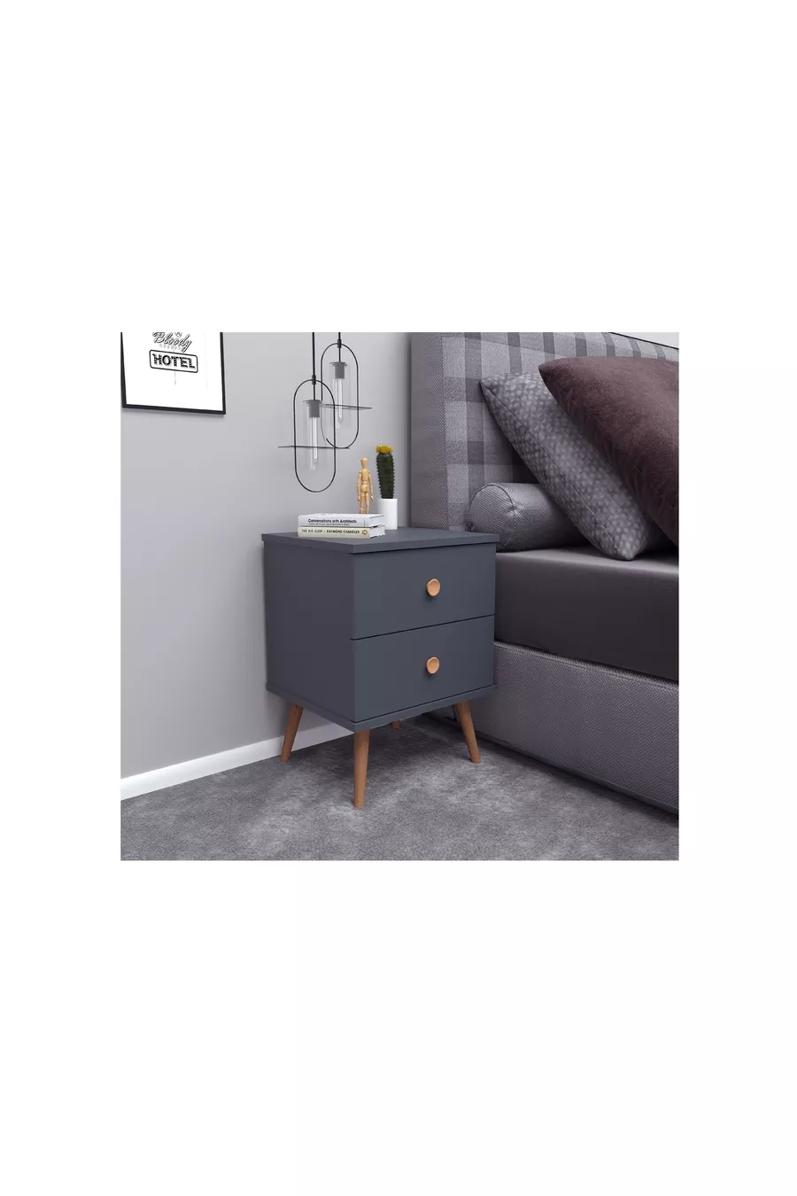 COMMODE MILAS, AVEC PIEDS EN BOIS, ANTHRACITE