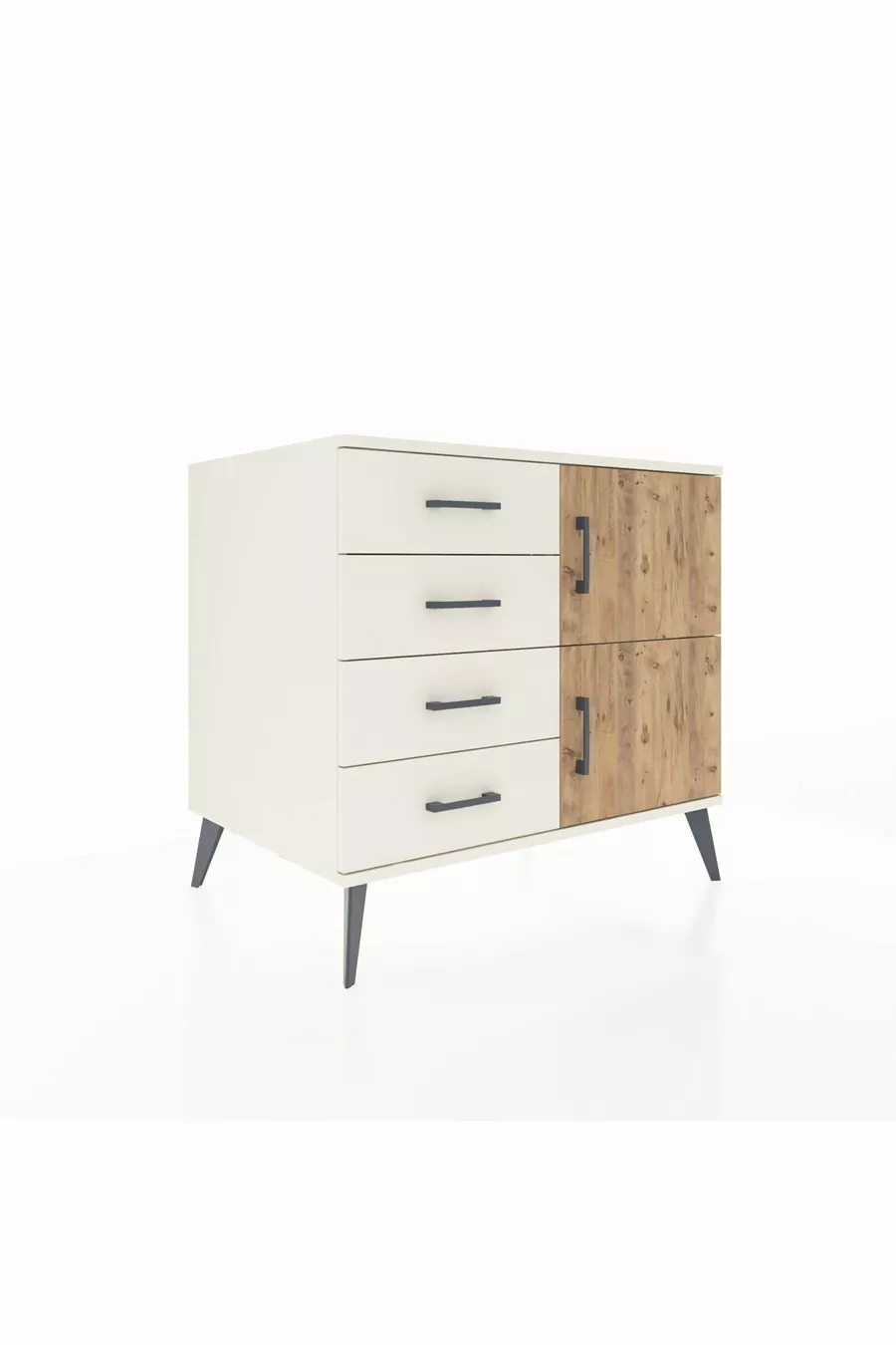 Commode Kronos à une étagère, 4 tiroirs, 2 portes, Pierre de Lune/Pin