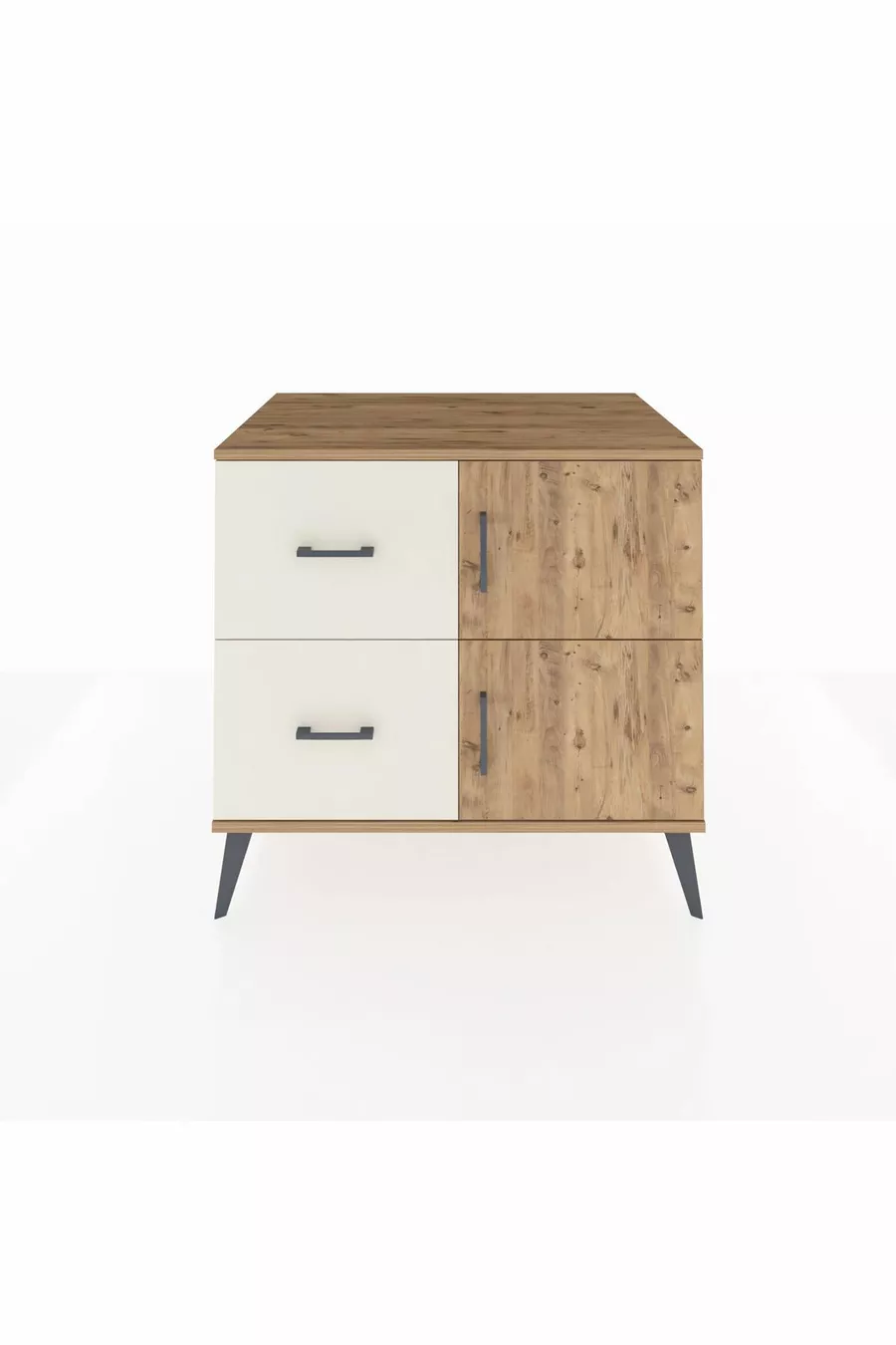 Commode Kronos à une étagère, 2 tiroirs et 2 portes, Pin-Pin / Pierre de lune