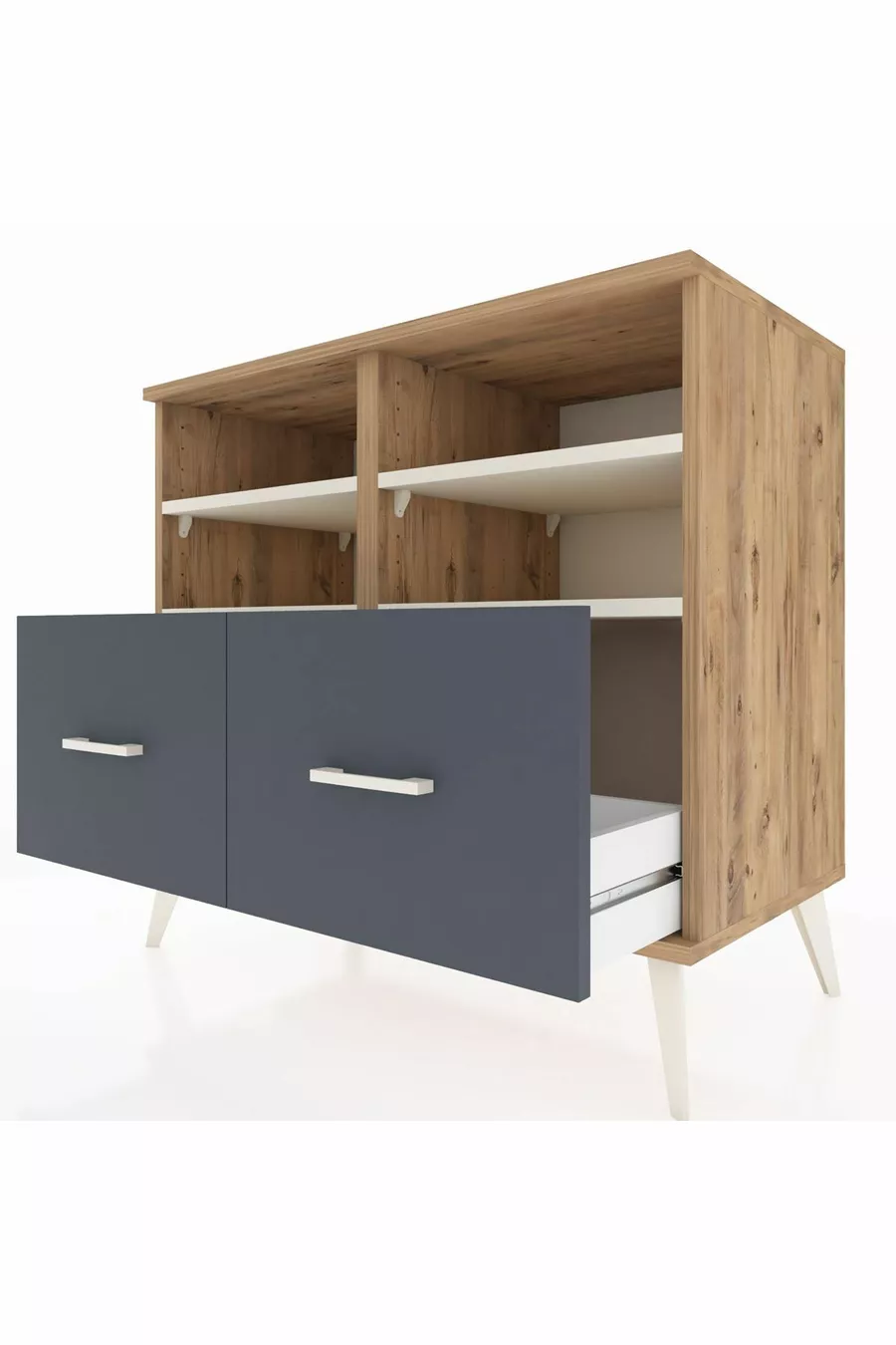 Commode Hyperion 4 étagères 2 tiroirs Pin-Aya/Anthracite