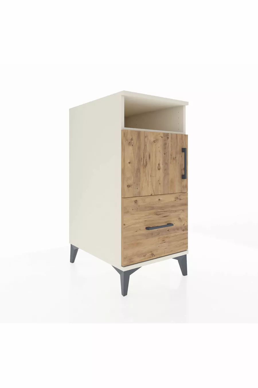 Kronos Table de chevet avec 2 étagères, 1 tiroir et 1 porte, Pierre de Lune-Sapin
