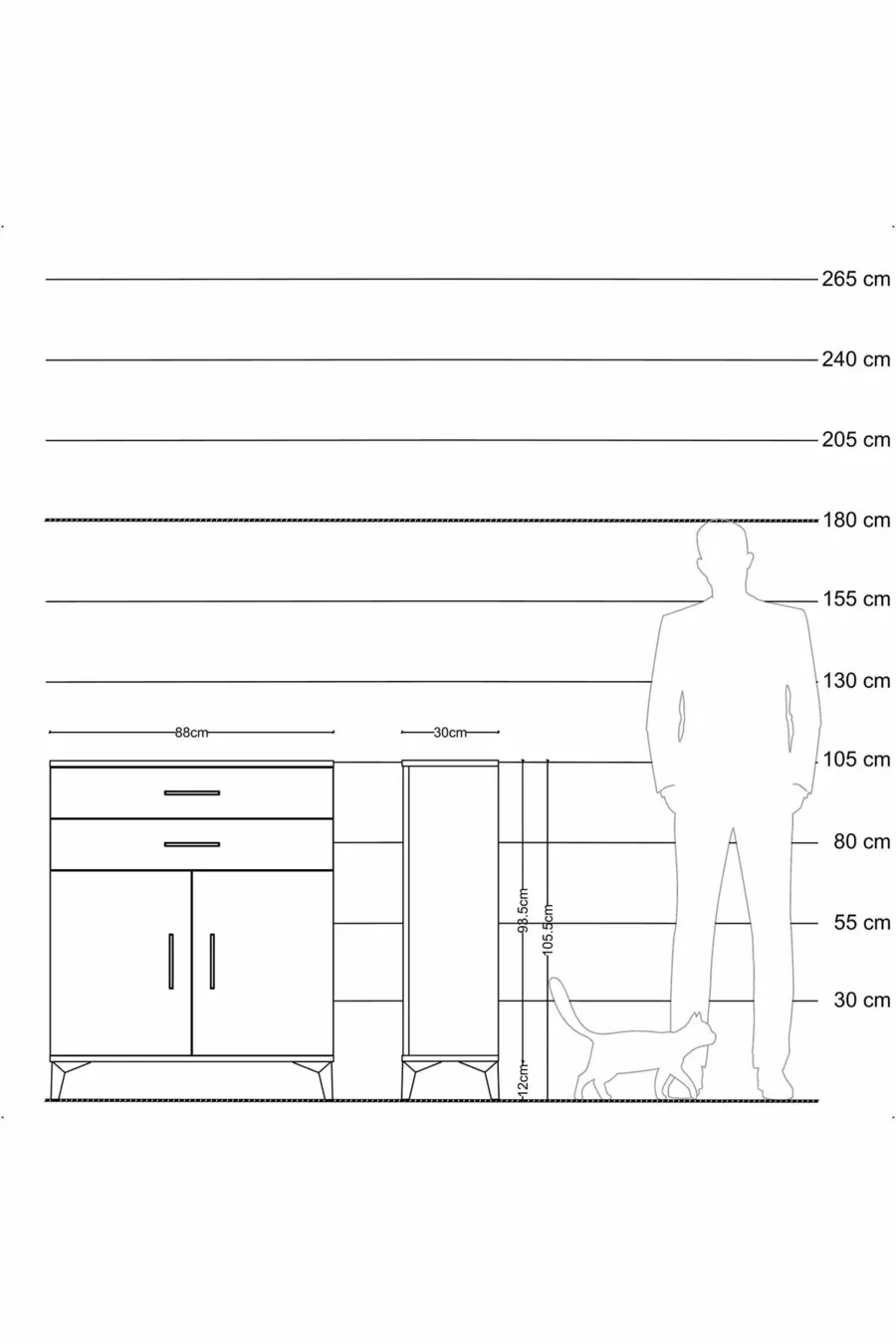 Commode Arges avec 2 étagères, 2 tiroirs et 2 portes, pin-pierre d'ardoise