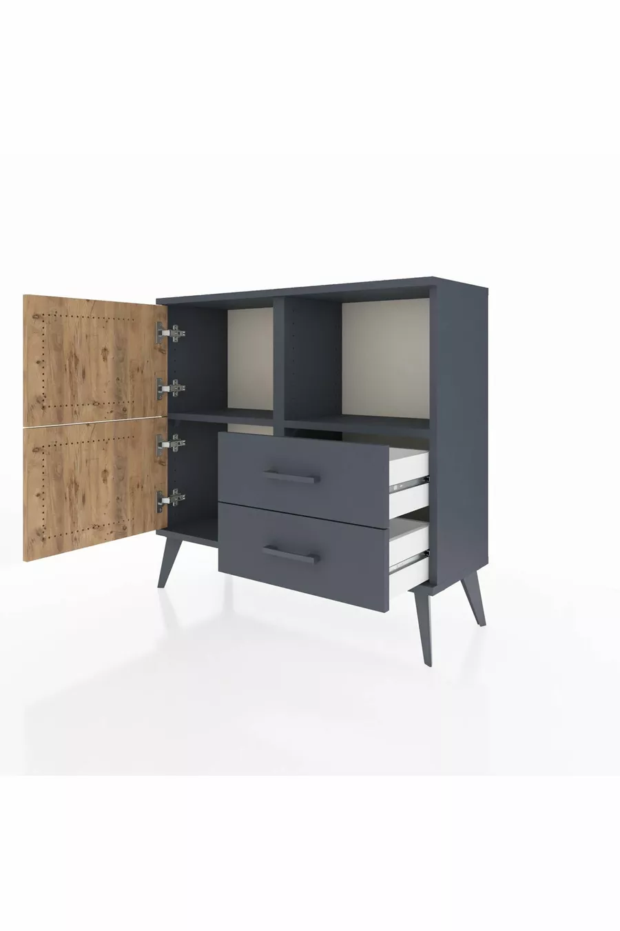 Commode Arges 2 étagères 2 tiroirs 2 portes Anthracite-Sapin/Anthracite