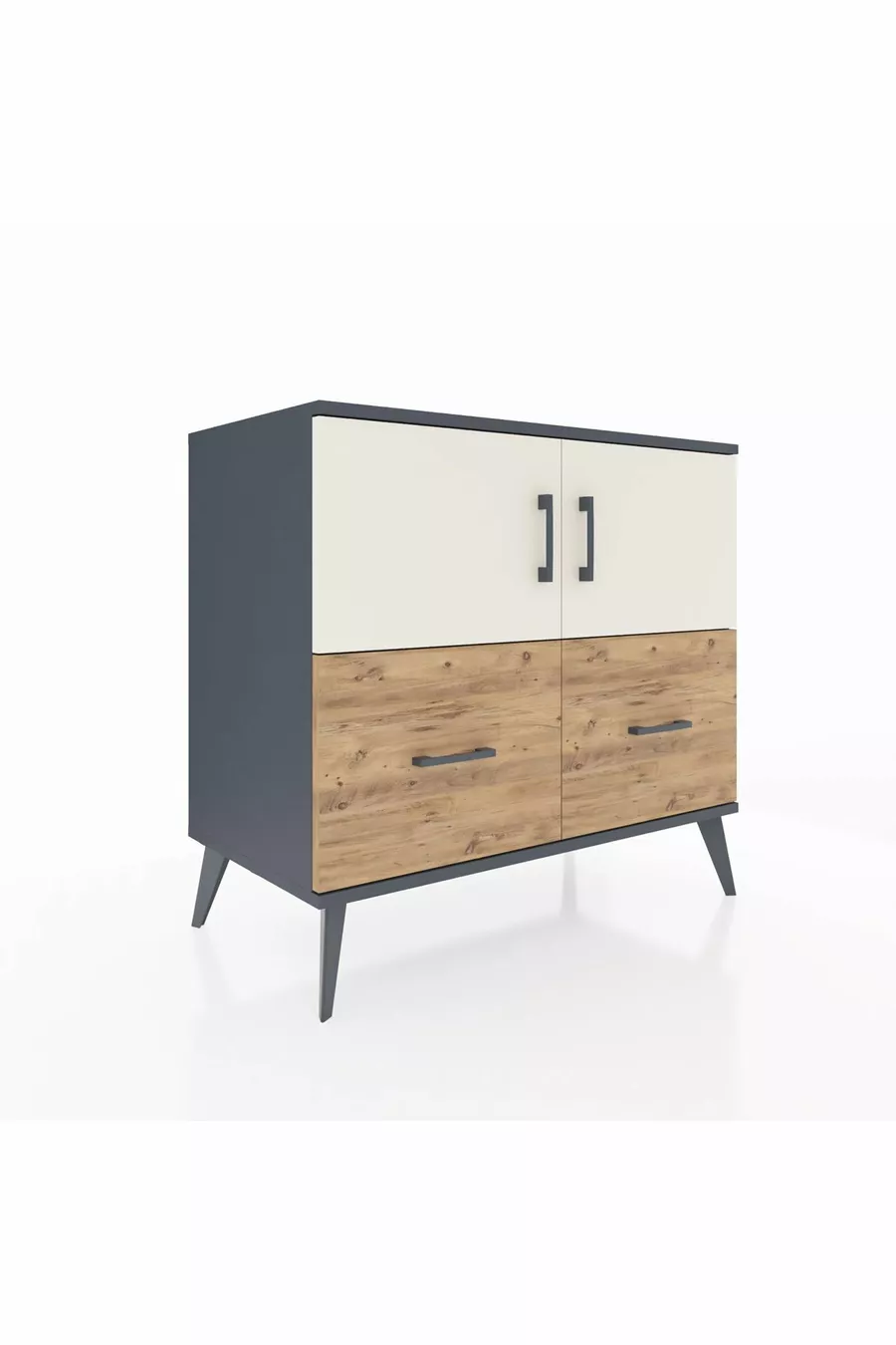 Commode Hyperion 2 étagères 2 tiroirs 2 portes Anthracite-Pierre de lune/Sapin