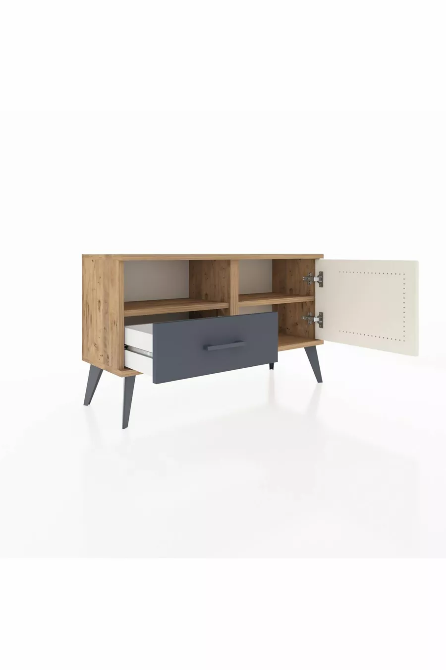 Commode Arges avec 2 étagères, 1 tiroir et 1 porte, en pin-pierre d'âme / anthracite