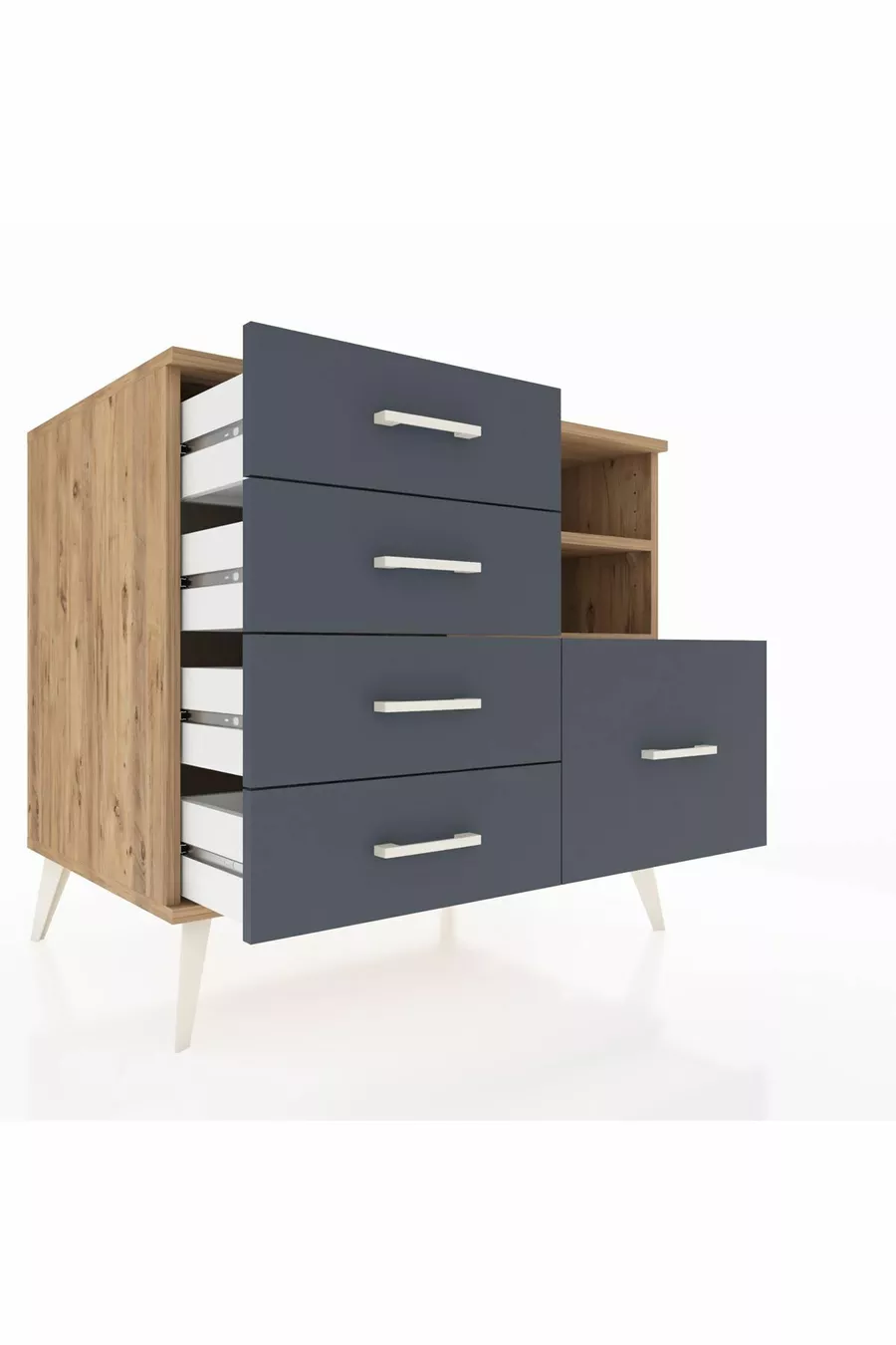 Commode Kronos 2 étagères 5 tiroirs Pin-Pin/Anthracite