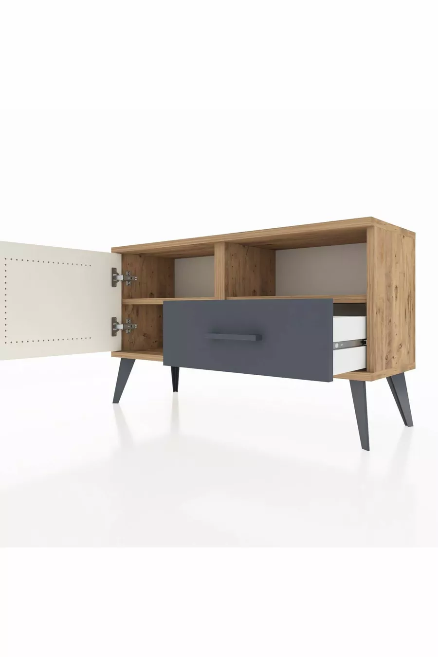 Commode Arges avec 2 étagères, 1 tiroir et 1 porte, en pin-pierre d'âme / anthracite