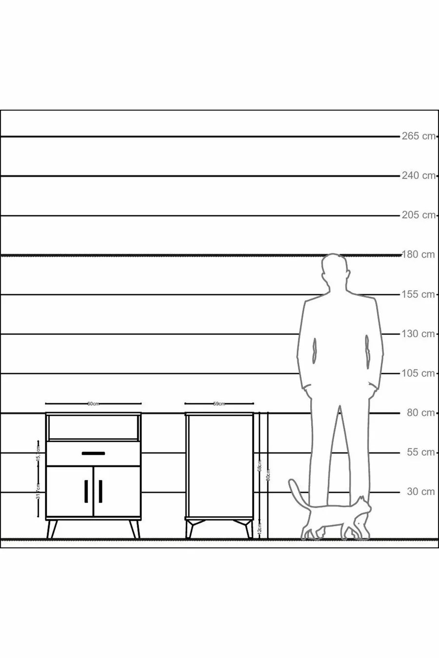 Table de chevet Kronos avec 2 étagères, 1 tiroir et 2 portes, Pierre de Lune-Pier de Lune