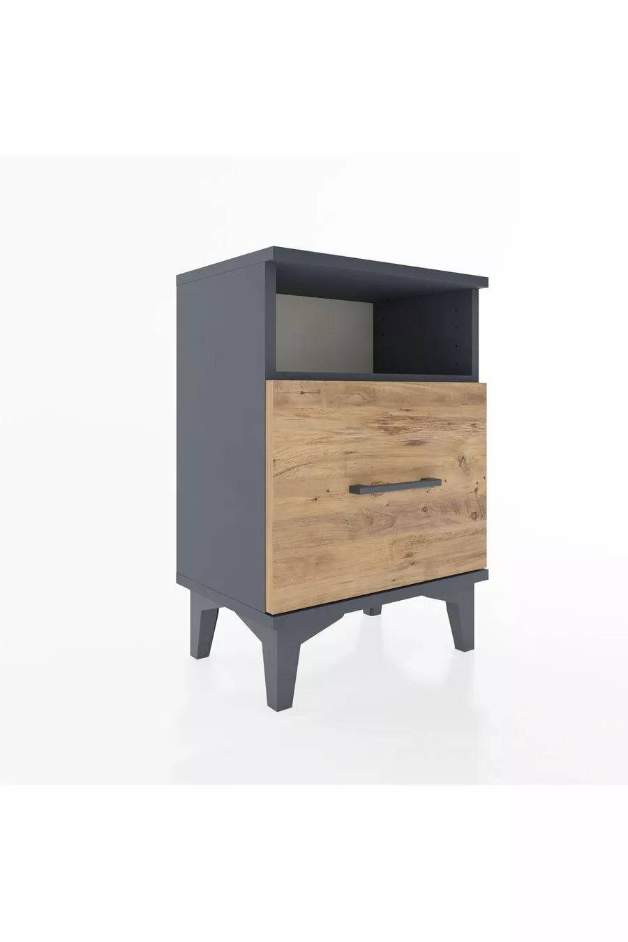 Chevet Arges à une étagère et deux tiroirs Anthracite-Pin