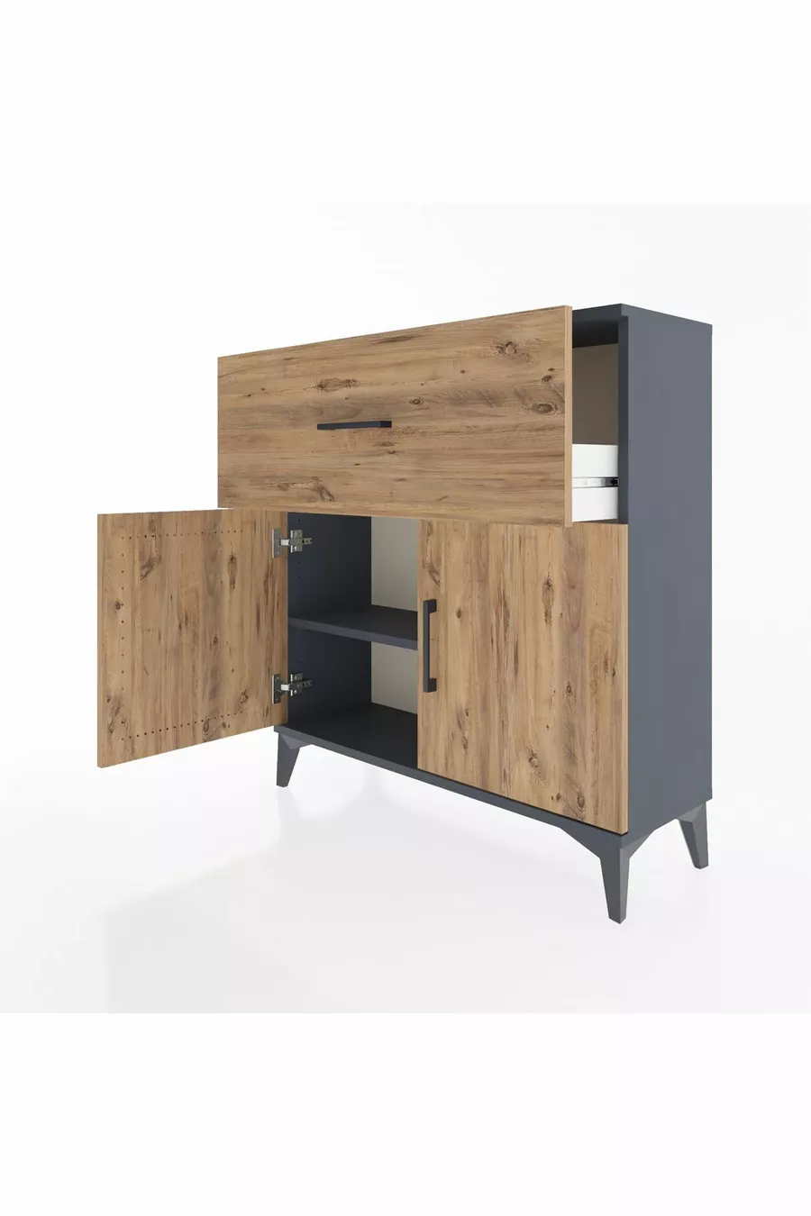 Commode Arges avec une étagère, un tiroir et deux portes, Anthracite-Épicéa