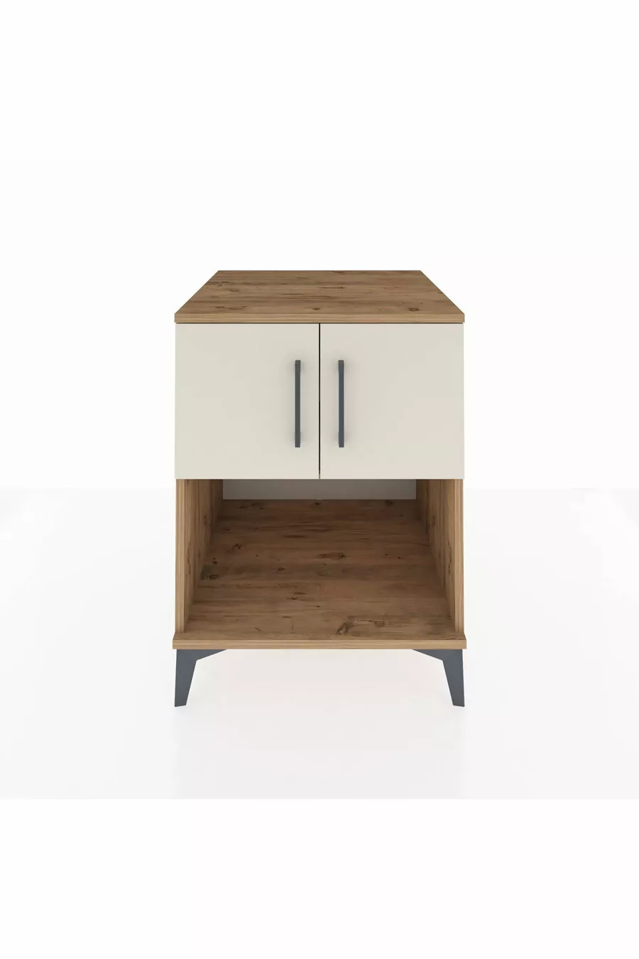 Table de chevet Kronos avec 2 étagères et 2 portes, pin-pierre d'orme