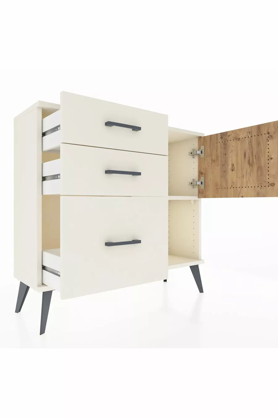 Commode Arges avec une seule étagère, 3 tiroirs et une porte, couleur Pierre de Lune/Pin