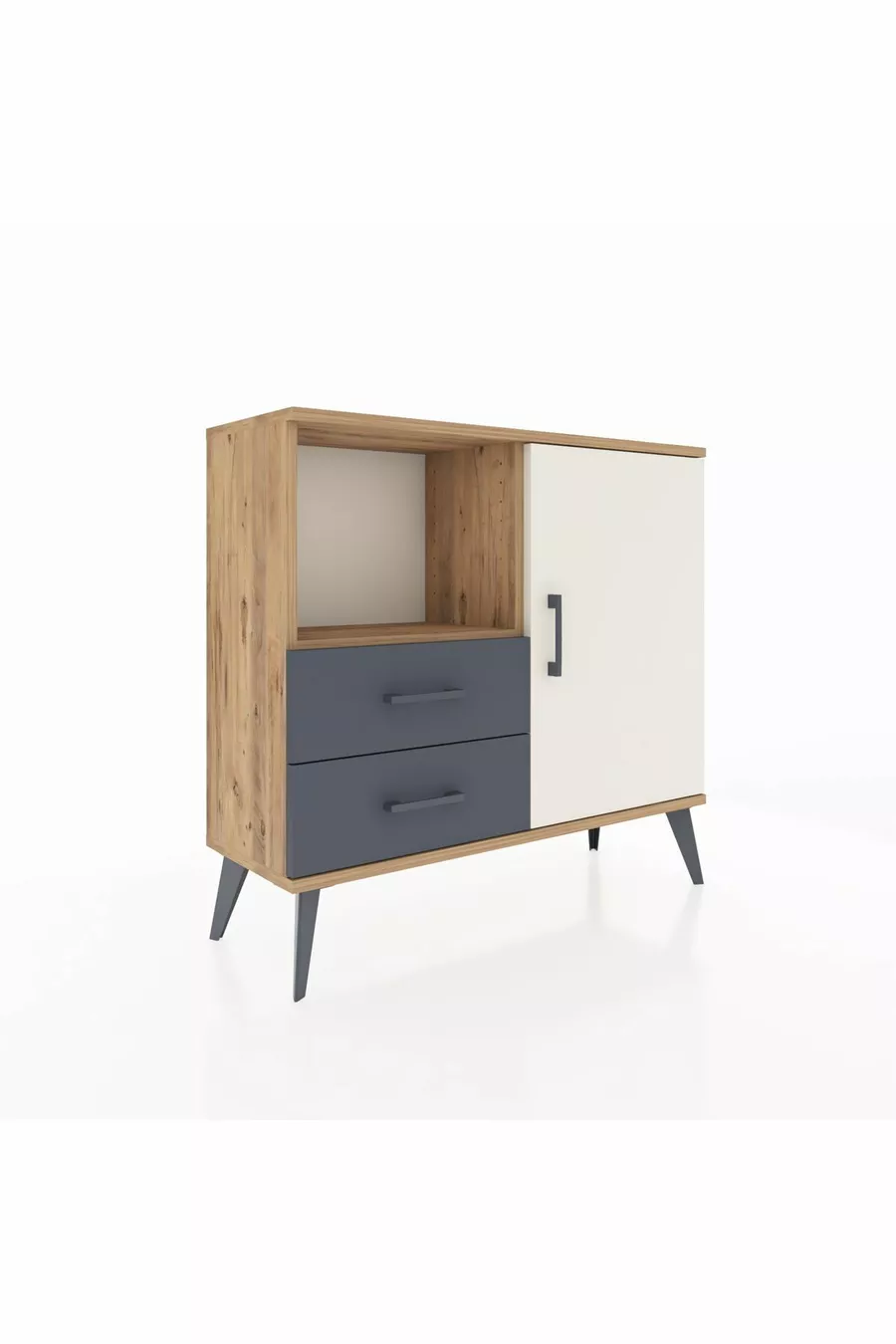 Commode Arges avec 2 étagères, 2 tiroirs et 1 porte, en pin-ardoise/anthracite