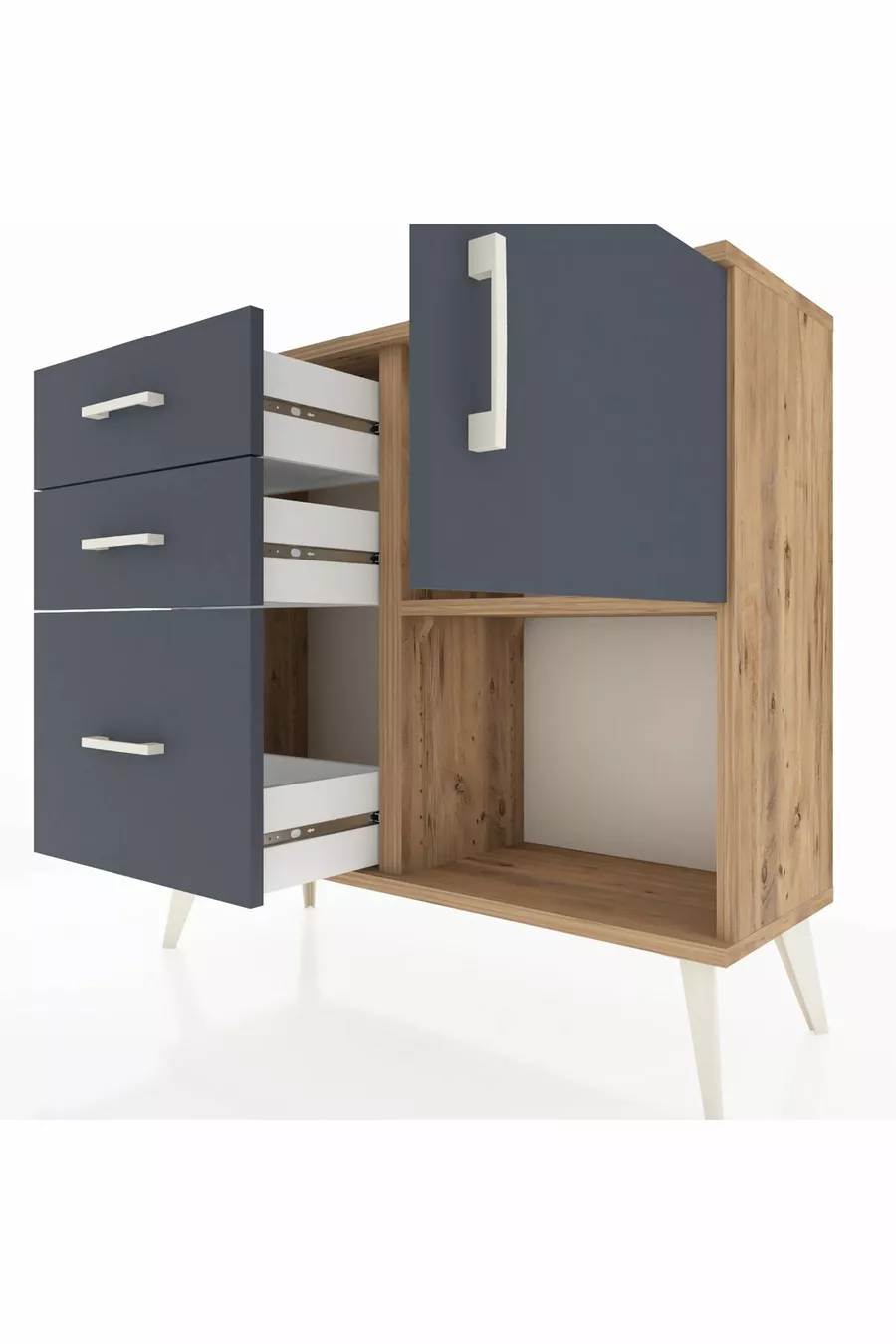 Commode Arges à une étagère, 3 tiroirs et une porte, pin-anthracite