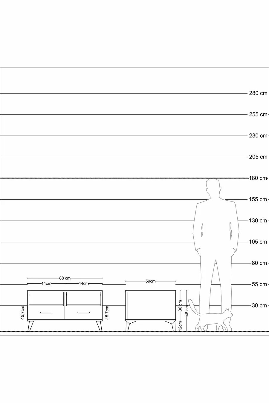 Commode Kronos à 2 étagères et 2 tiroirs Anthracite-Pierre de lune