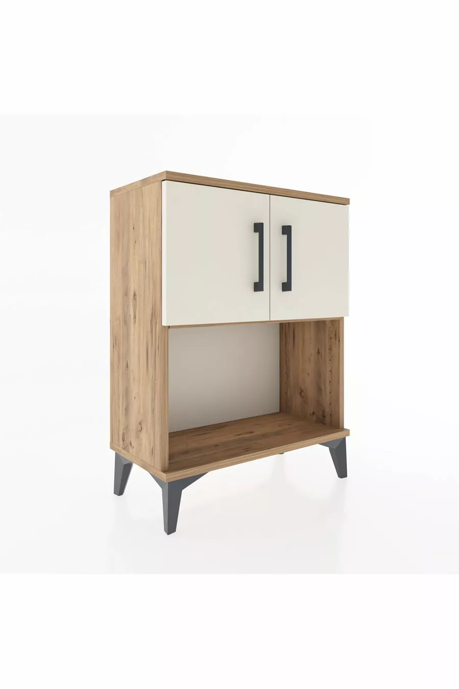 Table de chevet Arges à 2 étagères et 2 portes, pin-pierre d'onyx
