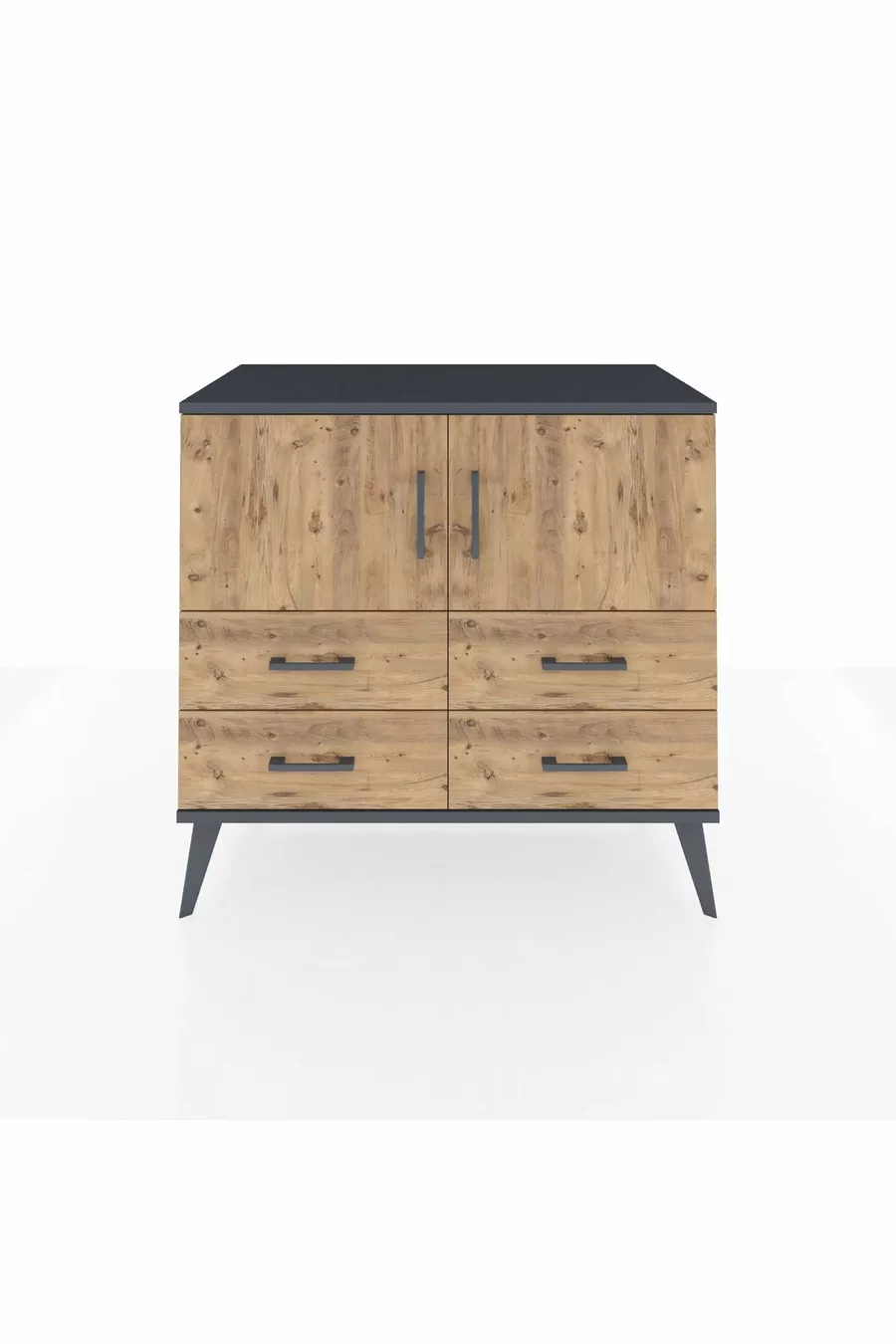 Commode Hyperion avec 2 étagères, 4 tiroirs et 2 portes, Anthracite-Sapin