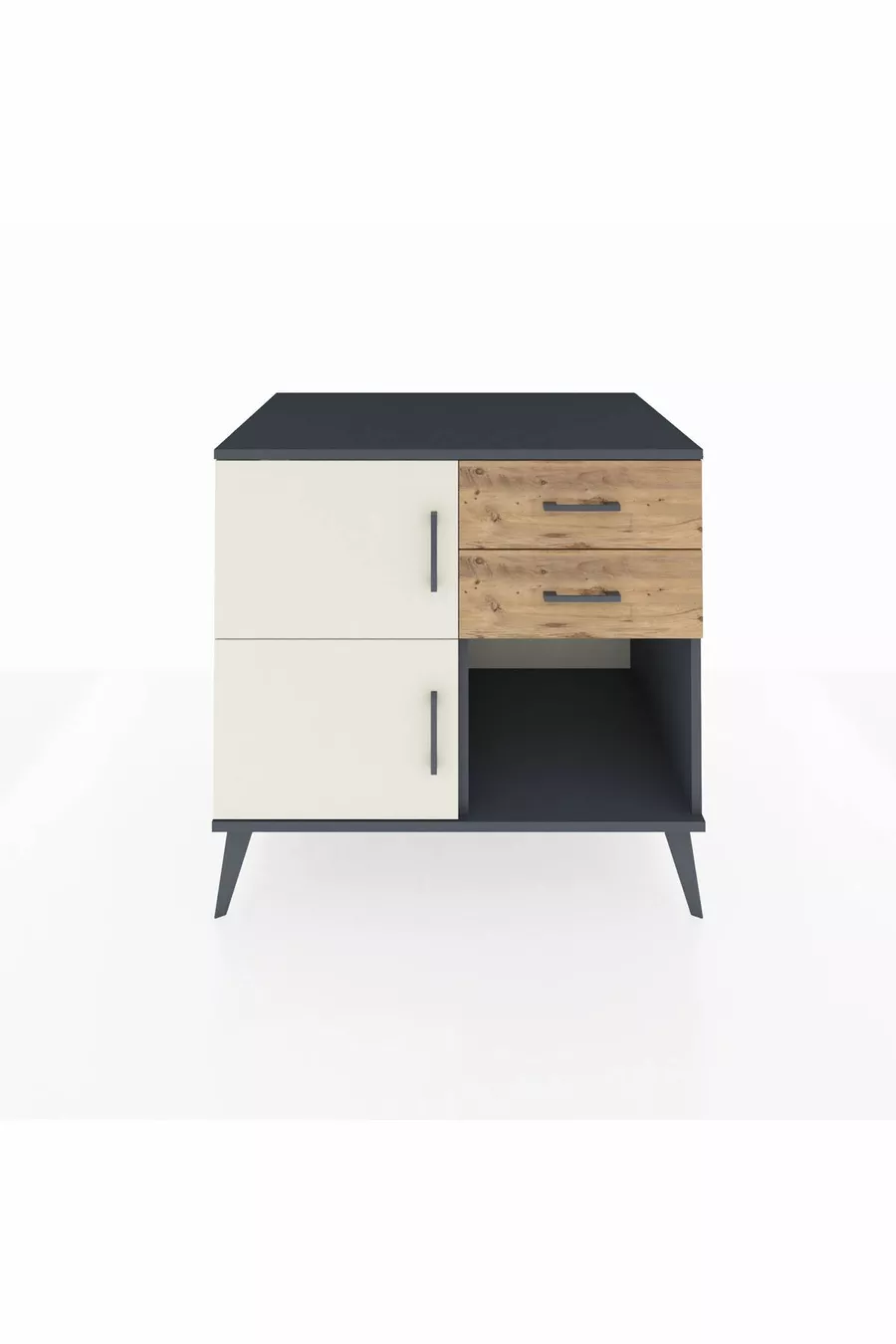 Commode Kronos à une étagère, 2 tiroirs, 2 portes, Anthracite-Pierre de Lune/Pin