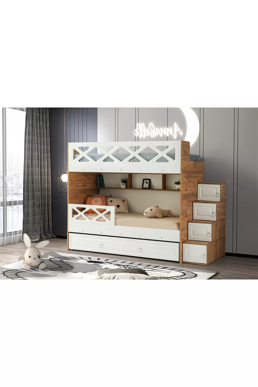 Mars Ranza / 100 % MDF / 2 Lits superposés avec sommier à ressorts en bambou / 2 Parures de lit offertes