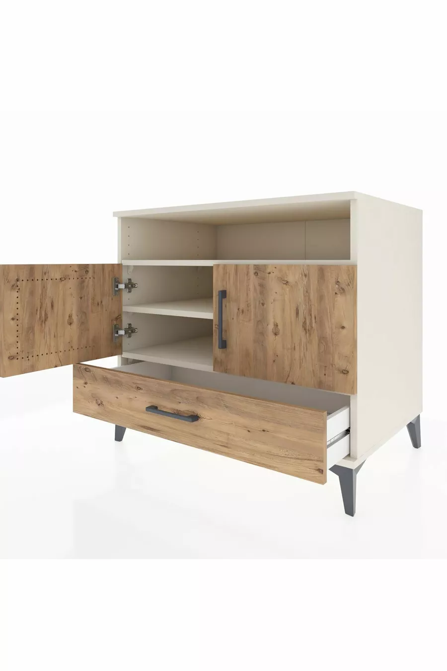 Commode Kronos avec 3 étagères, 1 tiroir et 2 portes, Pierre de Lune-Sapin