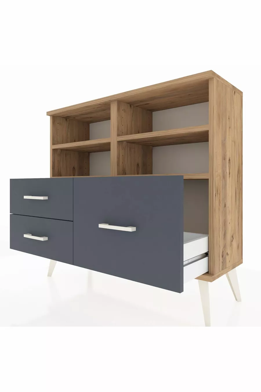 Commode Arges 4 étagères 3 tiroirs Pin-Pin/Anthracite