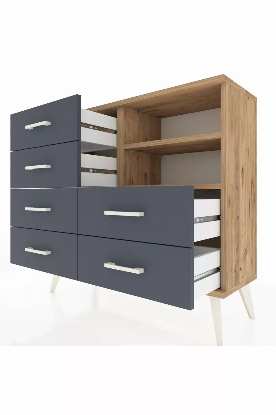 Commode Arges 2 étagères 6 tiroirs Pin-Pin/Anthracite
