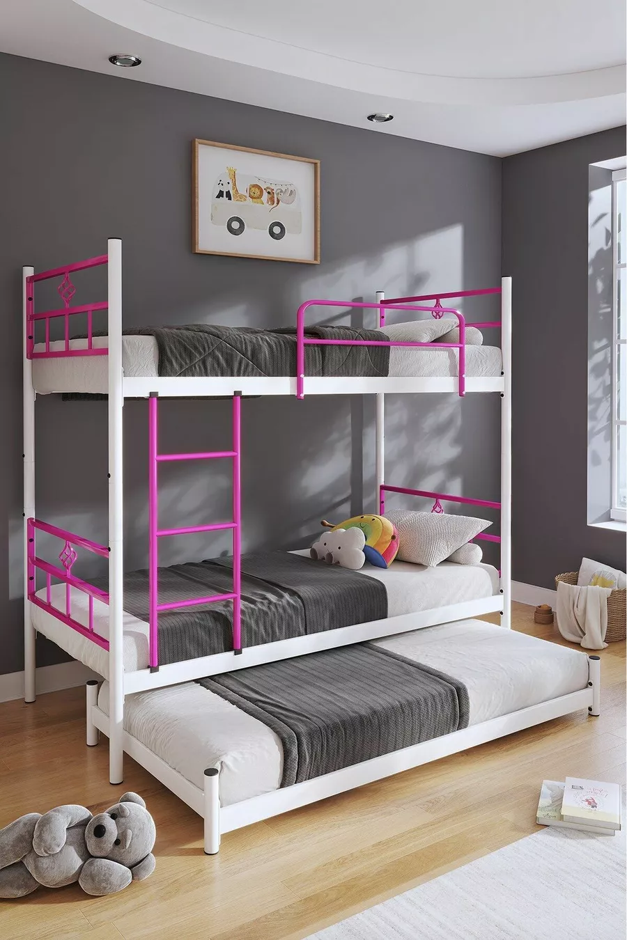 Lit superposé Koza avec tiroir, compatible pour 3 personnes, en métal rose foncé