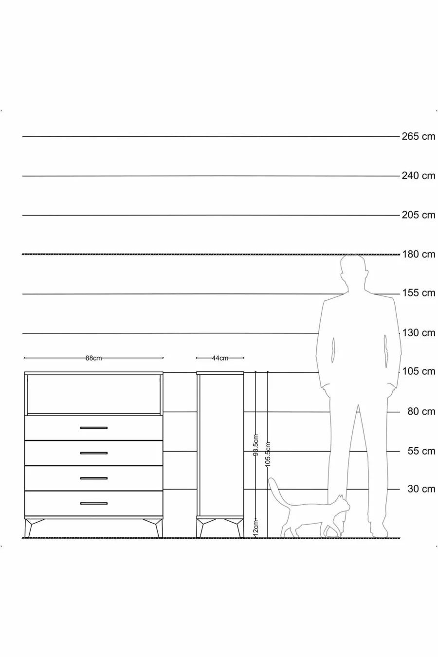 Commode Hyperion à un seul étagère et 4 tiroirs en pin-pin