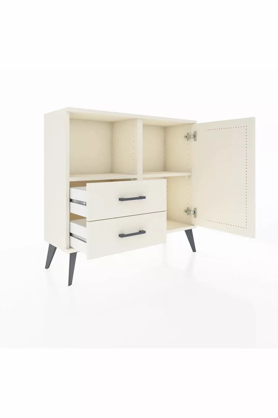 Commode Arges avec 2 étagères, 2 tiroirs et une porte, couleur Oeil-de-pierre