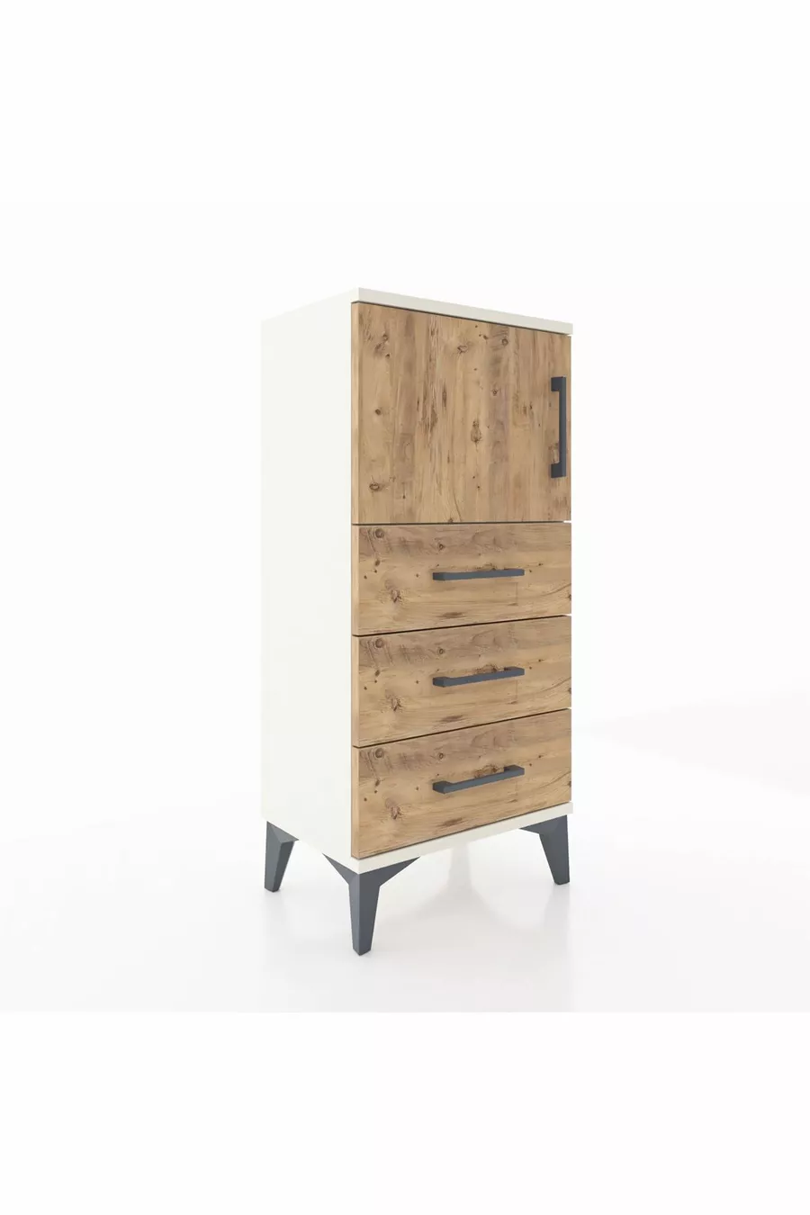 Table de chevet Arges avec une seule étagère, trois tiroirs et une porte, Pierre de lune-Pin