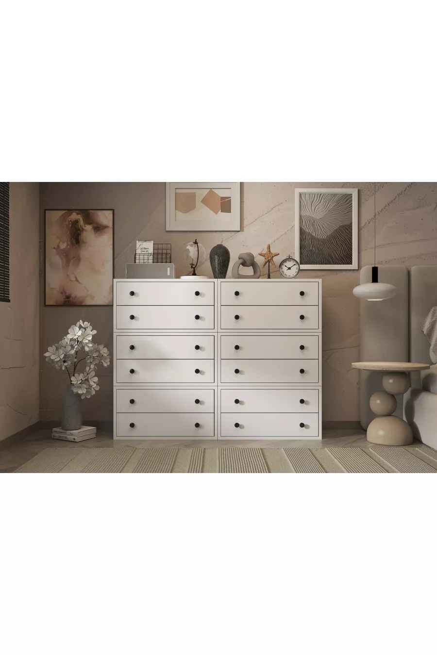 Commode blanche à douze tiroirs avec étagères, sans lattes