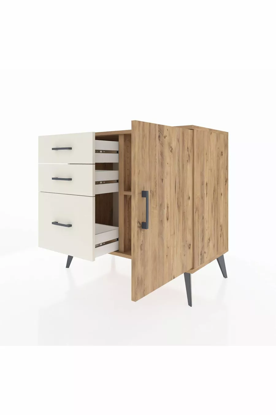 Commode Hyperion avec une étagère, 3 tiroirs et une porte, pin-pin / pierre de lune